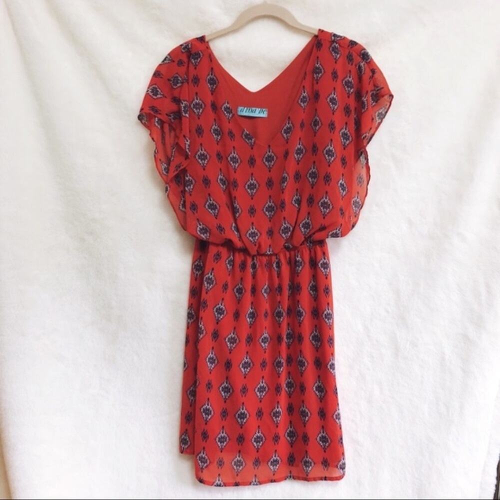 Aina Be Vibrant Red Patterned Flutter Sleeve V-Neck Dress